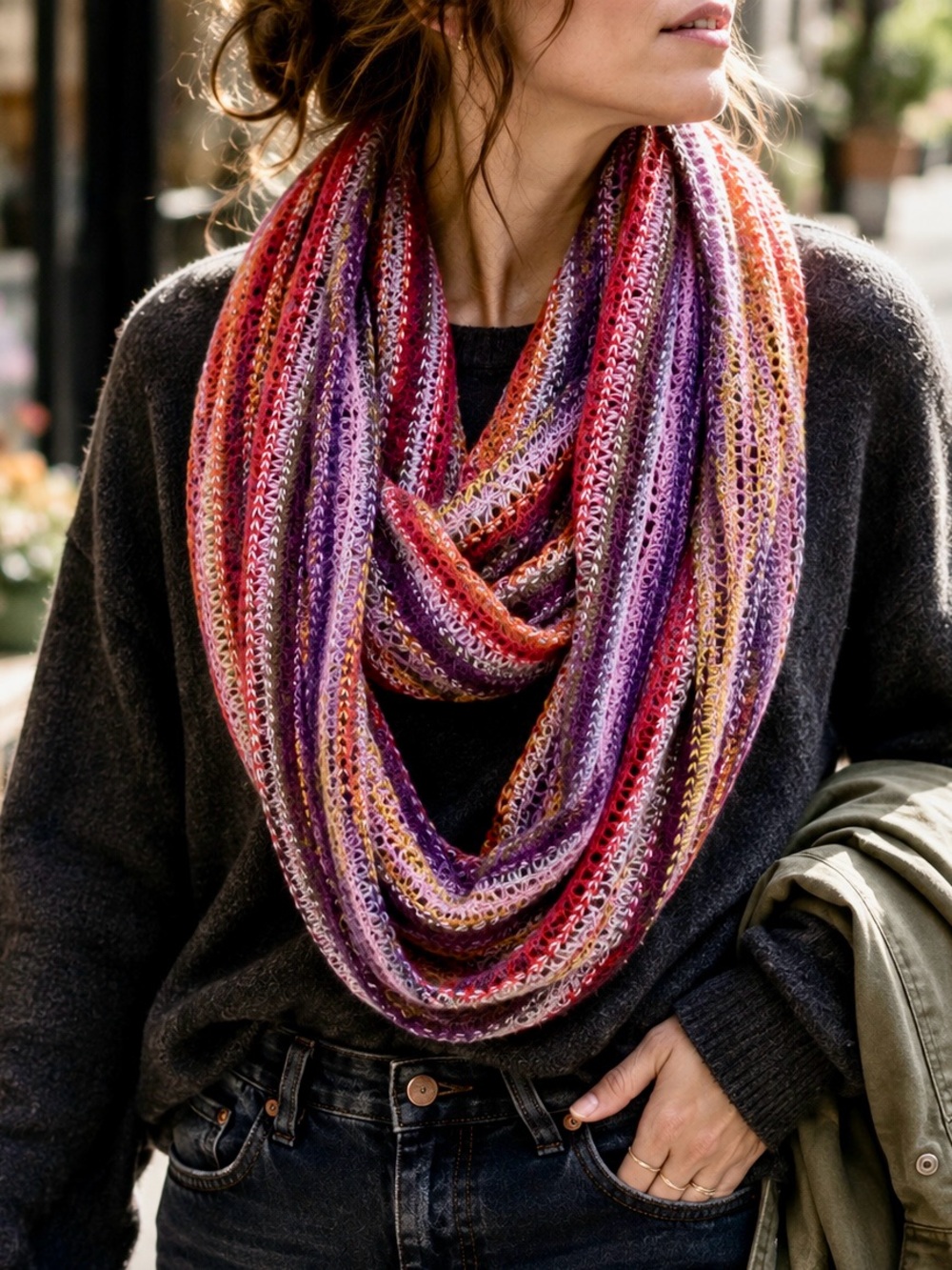Echo Striped Knit Infinity Scarf Multicolor Oversized Wrap Purple Red